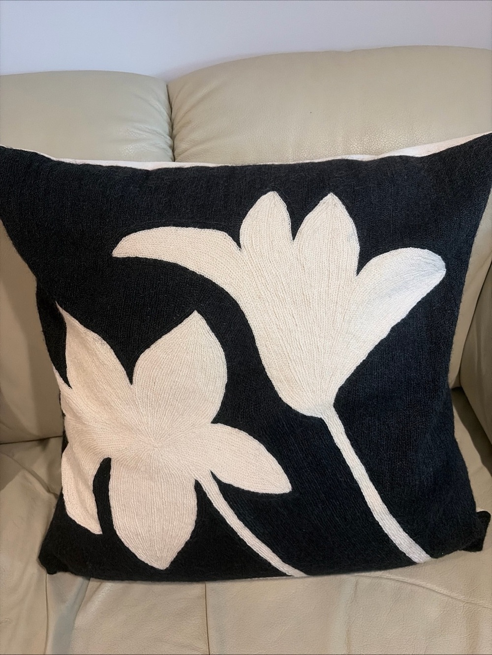 hand embroidered pillow Art Judy Ross Throw Floral Luxury Neutral Wool